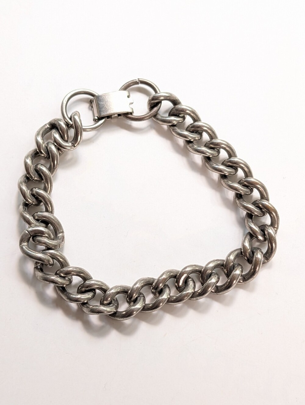 Vintage Silver Tone Heavyweight Cuban Link Fold Over Clasp Chain Bracelet